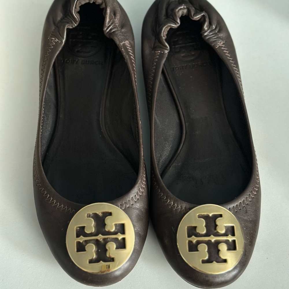 Tory Burch Dark Brown Flats with Gold Emblem